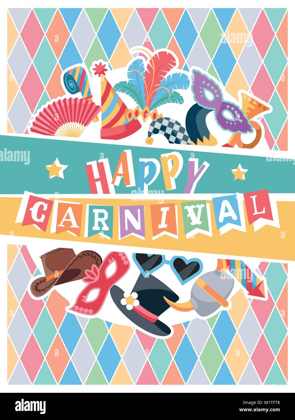 Greeting poster for Carnival with colorful festive elements. Flat ...