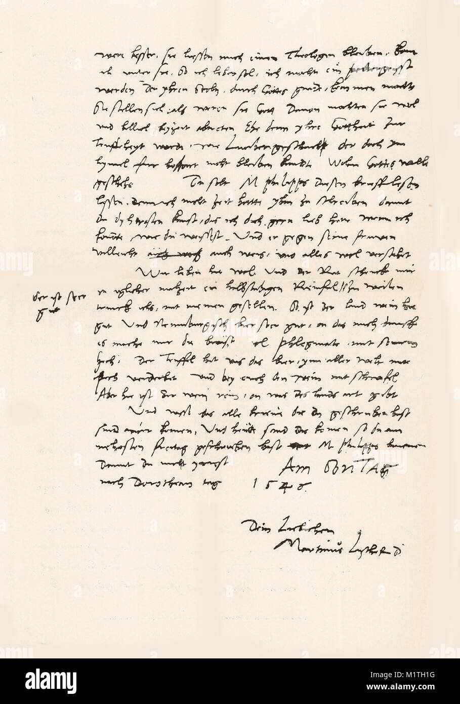 Second half of a facsimile of a letter written from Luther to his wife on February 7, 1546. From The Life of Luther by Kostlin, 1900 Stock Photo
