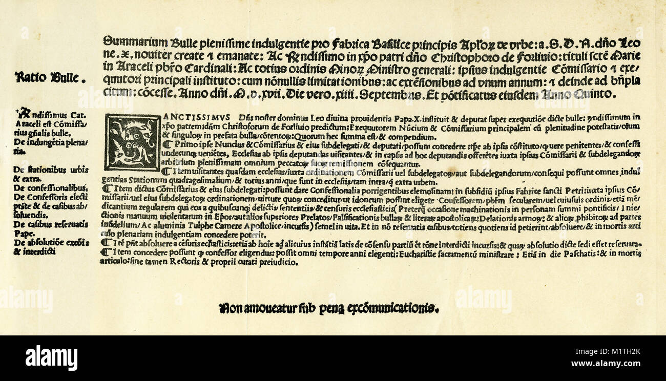 Facsimile of the papal indulgence issued in 1517 that sparked Luther's opposition and the start of the Reformation. published in Life of Luther by Julius Kostlin, 1900 Stock Photo