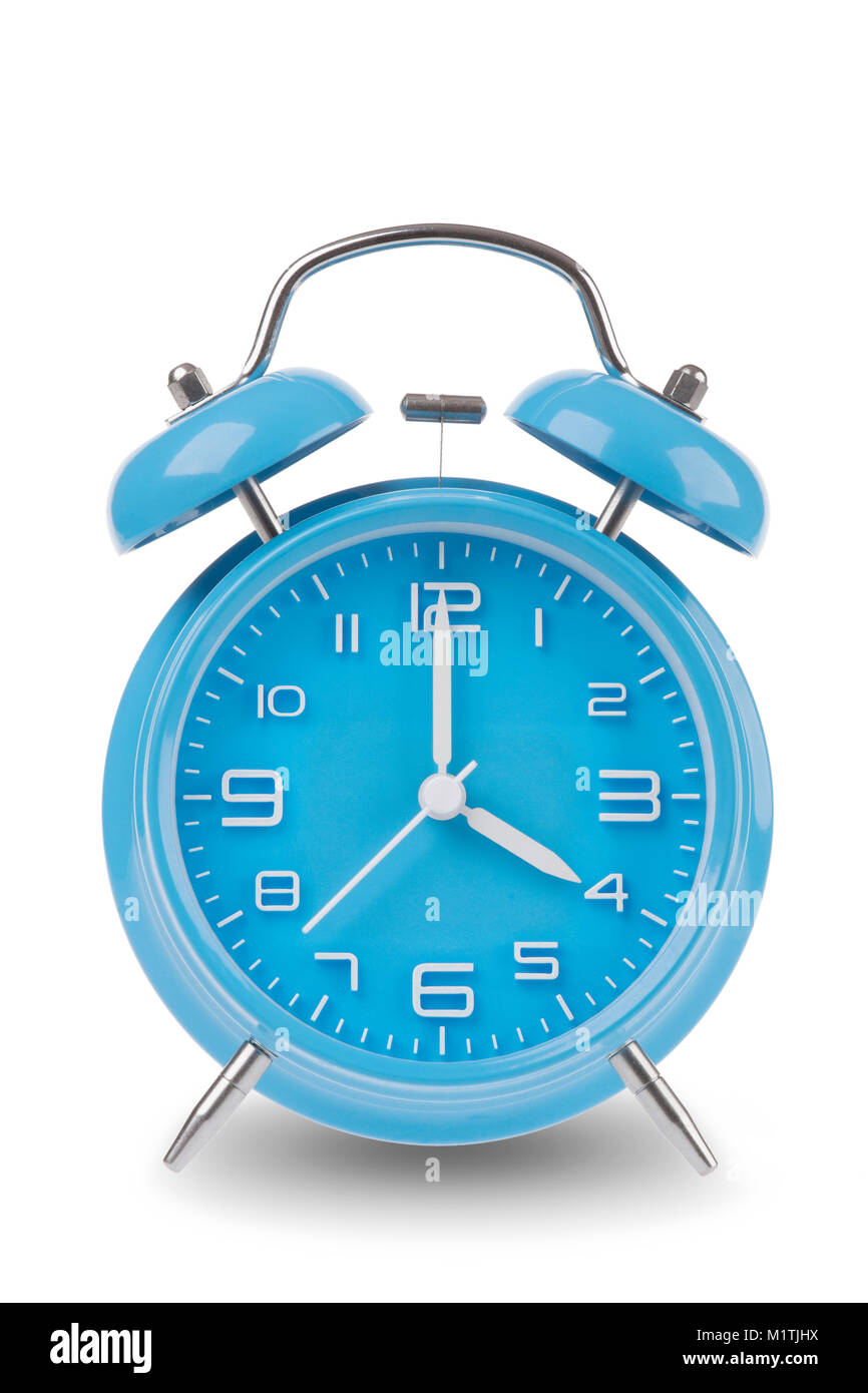Blue alarm clock with the hands at 4 am or pm isolated on a white background, One of a set of 12 images showing the top of the hour starting with 1 am Stock Photo