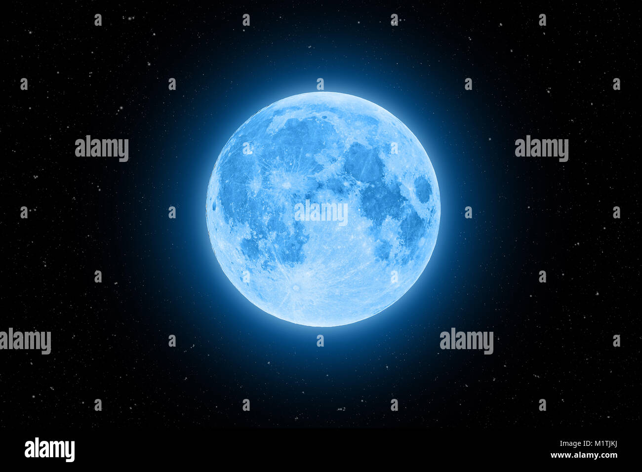 Blue super moon glowing with blue halo surrounded by stars on black sky background Stock Photo