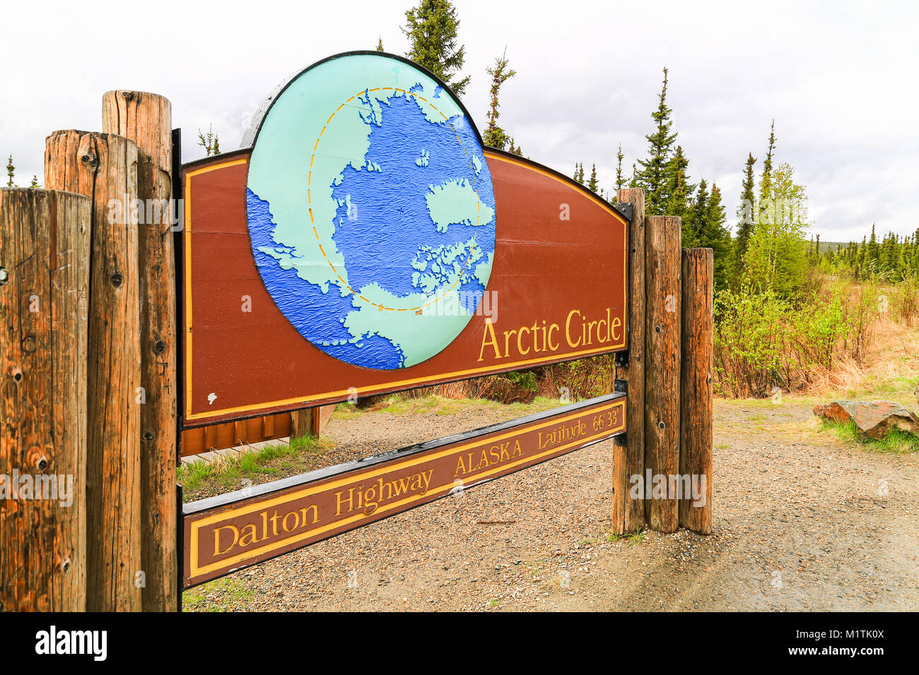 Arctic Circle, Alaska, USA - May 23, 2017: Arctic Circle Sign between Fairbanks and Coldfoot at the Dalton Highway. Stock Photo