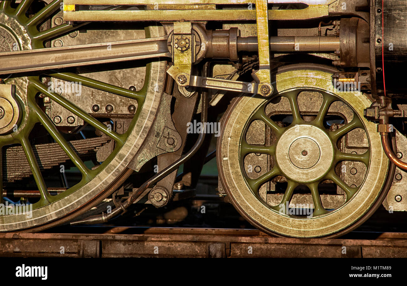 Close up detail of drive wheels on 60163 Tornado a Peppercorn A1 Pacific Locomotive at Didcot Railway Centre, Oxfordshire, England, UK Stock Photo