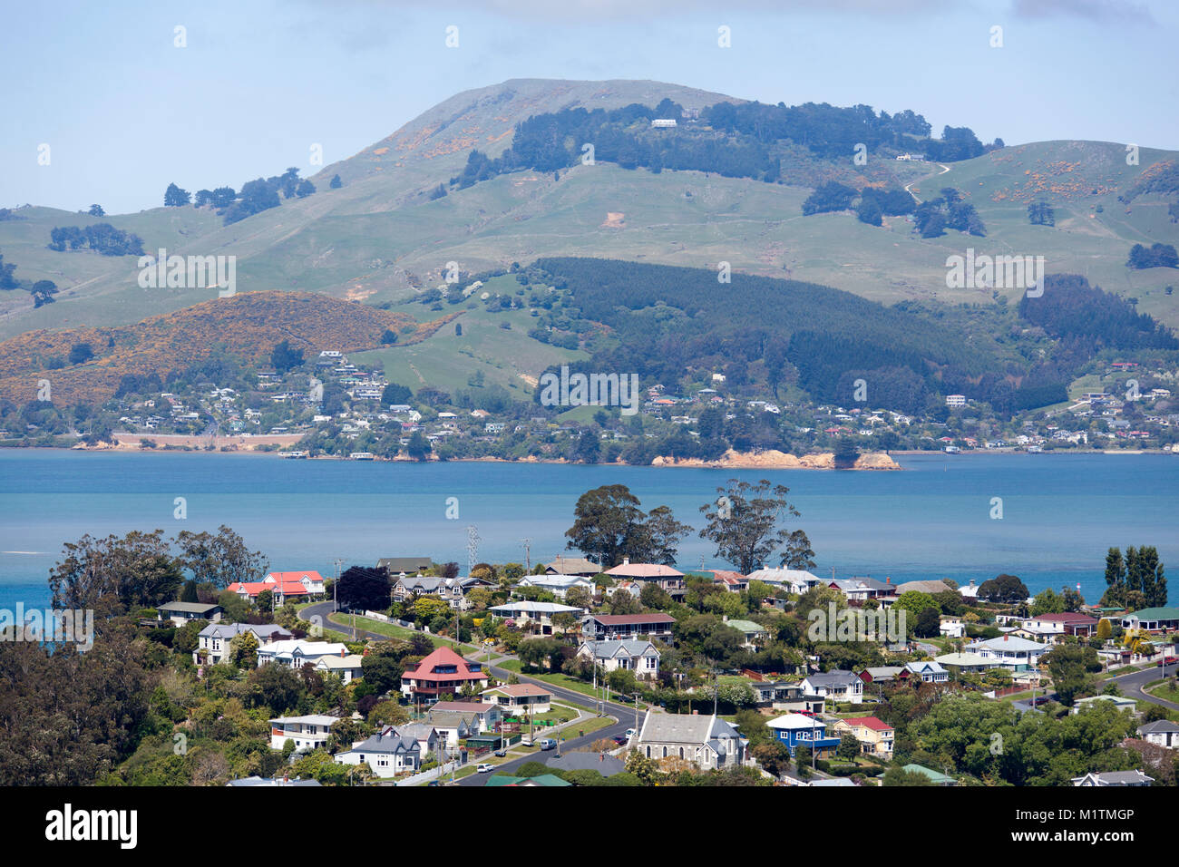 The view of Dunedin city suburb Port Chalmers with Portobello village on the other side of Otago