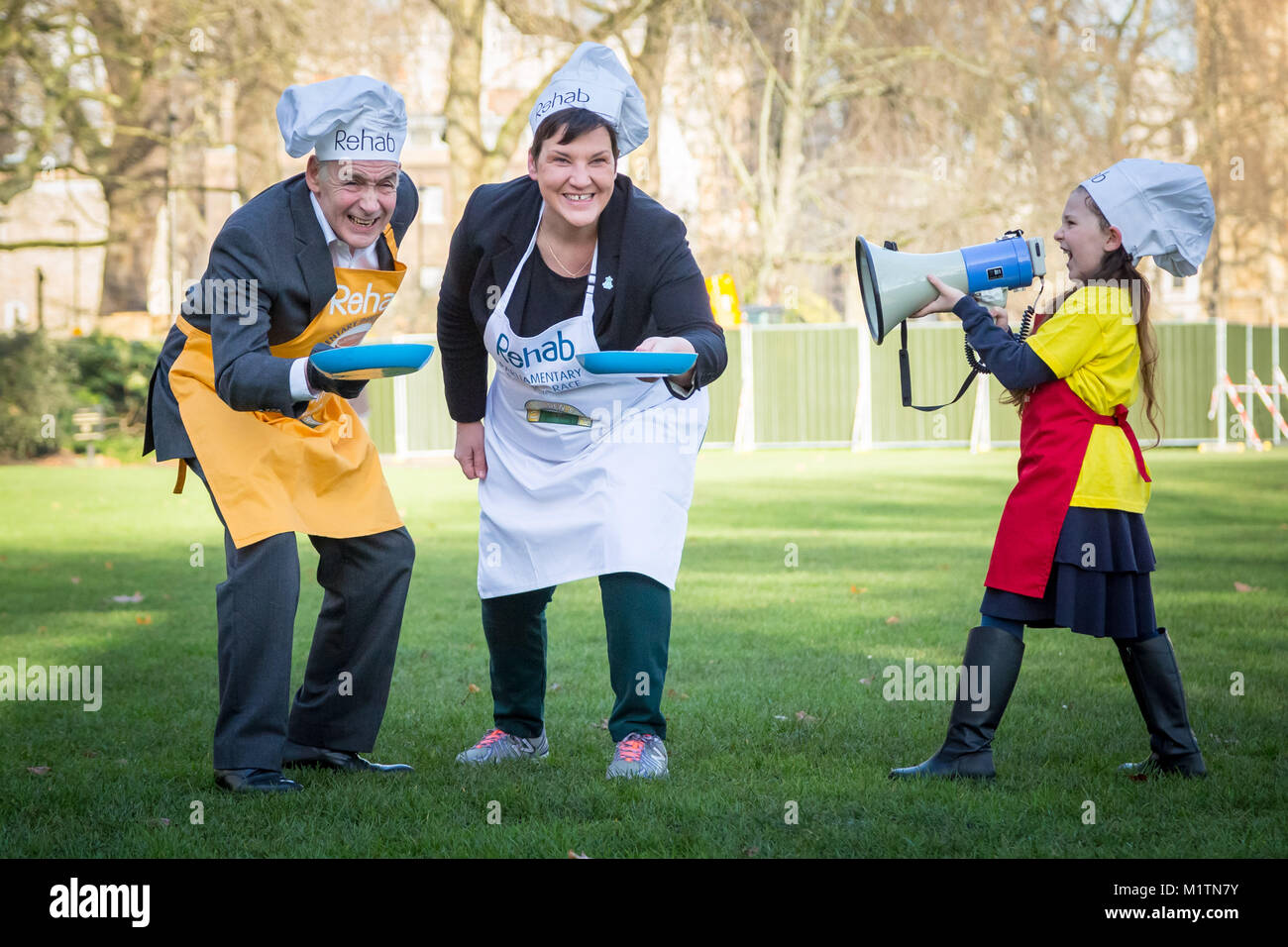 Launch of 21st Annual Rehab Parliamentary Pancake Race at Victoria Tower Gardens in Westminster, London, UK. Stock Photo