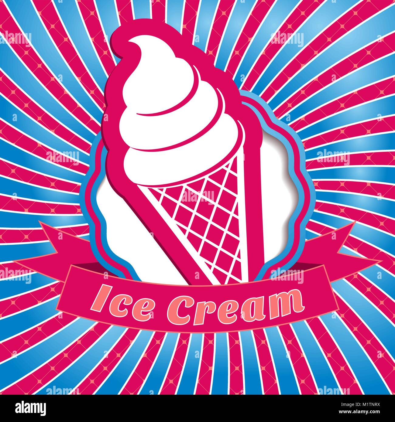 Ice cream vintage label on sunrays background Stock Vector