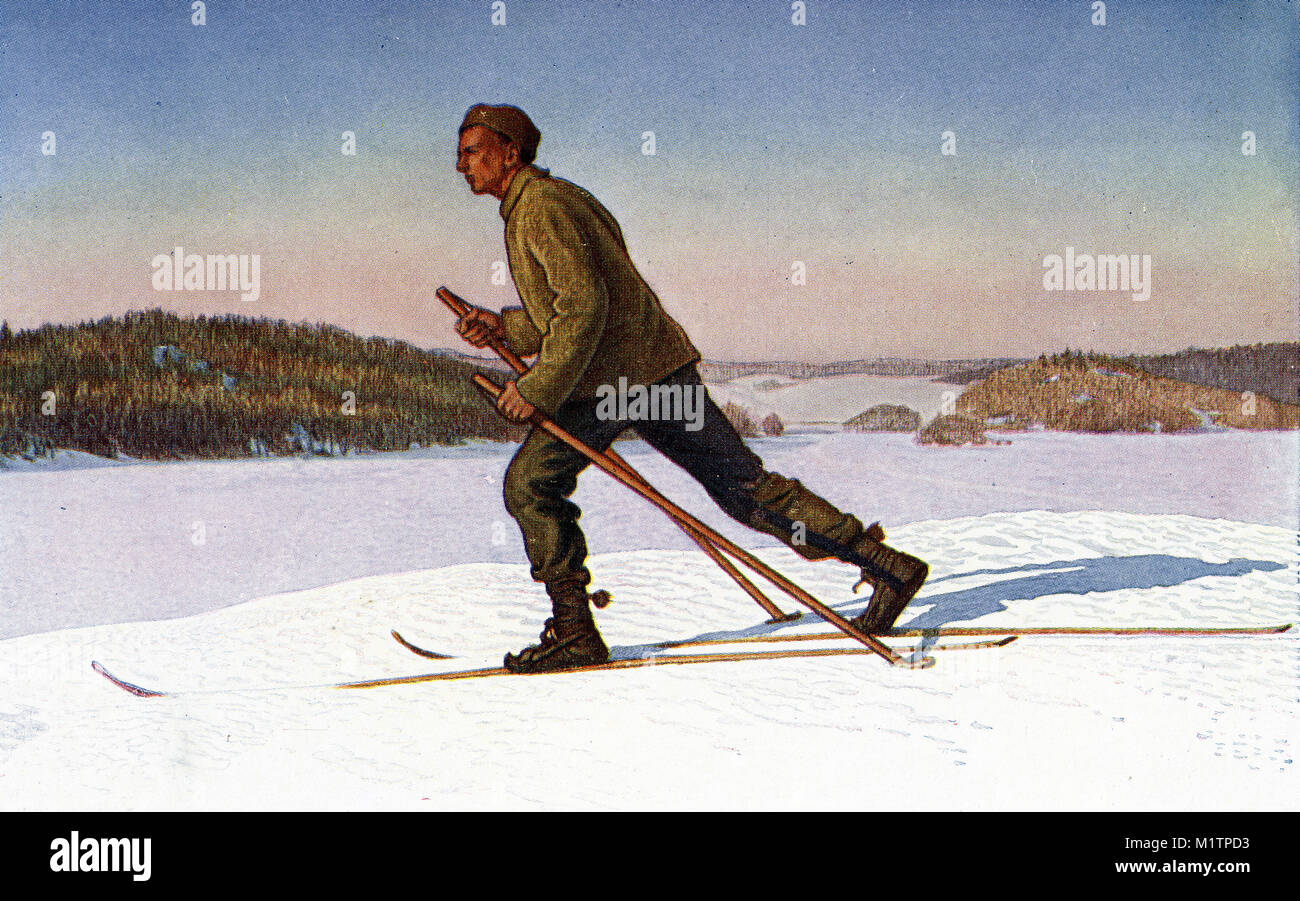 Halftone illustration of a man skiing in Norway, circa 1900. From an original image in How Other People Live by H. Clive Barnard, 1918. Stock Photo