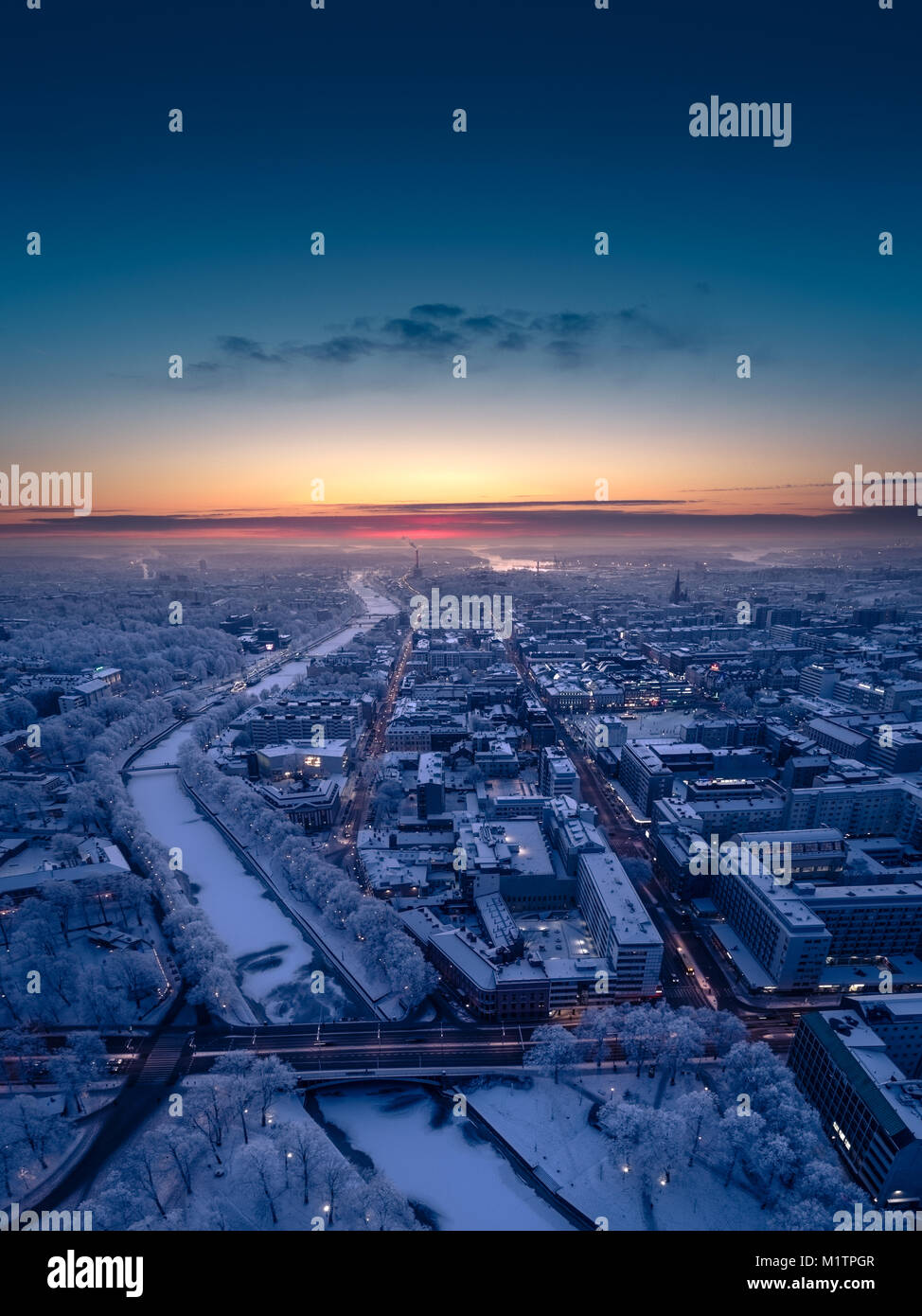 Aerial view of Turku City Center at winter sunset Stock Photo