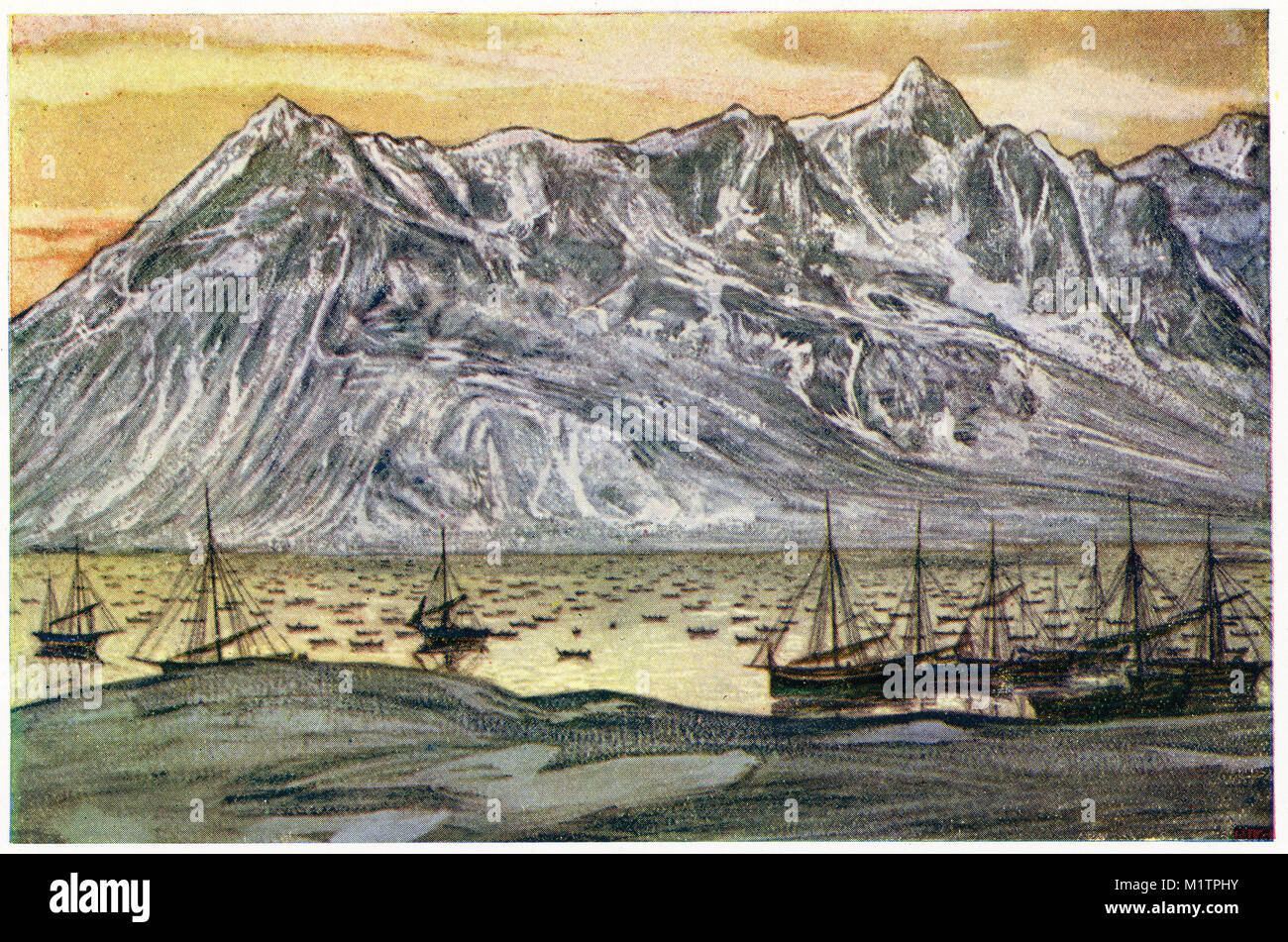 Halftone illustration of the Arctic Coast and a fleet of fishing boats. Home of the eskimos, circa 1900. From an original image in How Other People Live by H. Clive Barnard, 1918. Stock Photo