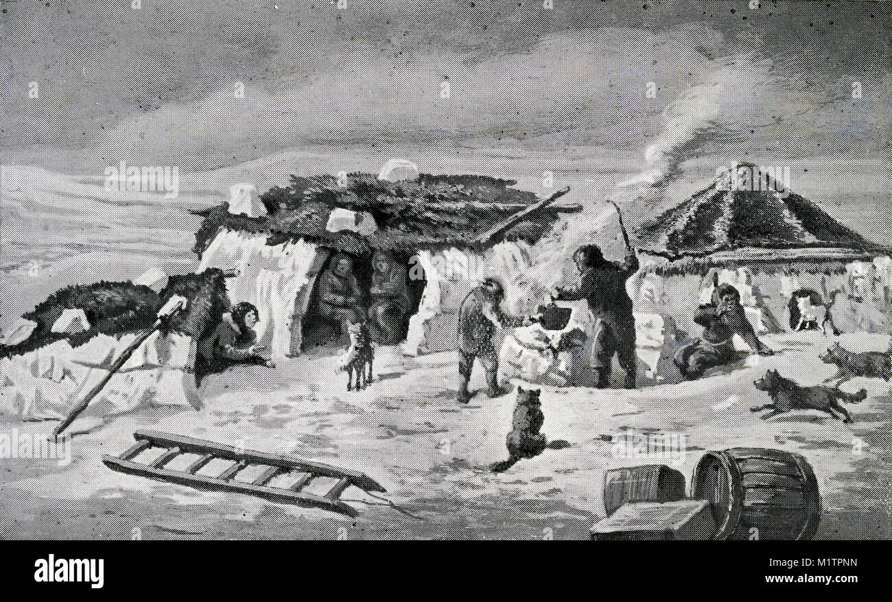 Halftone illustration of an Eskimo camp in the arctic circle, circa 1900. Note the skins on top of the igloos. From an original image in How Other People Live by H. Clive Barnard, 1918. Stock Photo