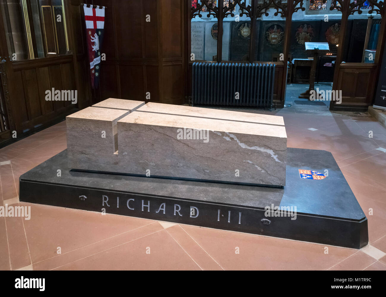 The tomb of King Richard III in Leicester Cathedral, Leicester, England, UK. Richard III’s remains were reinterred here in March 2015. Stock Photo