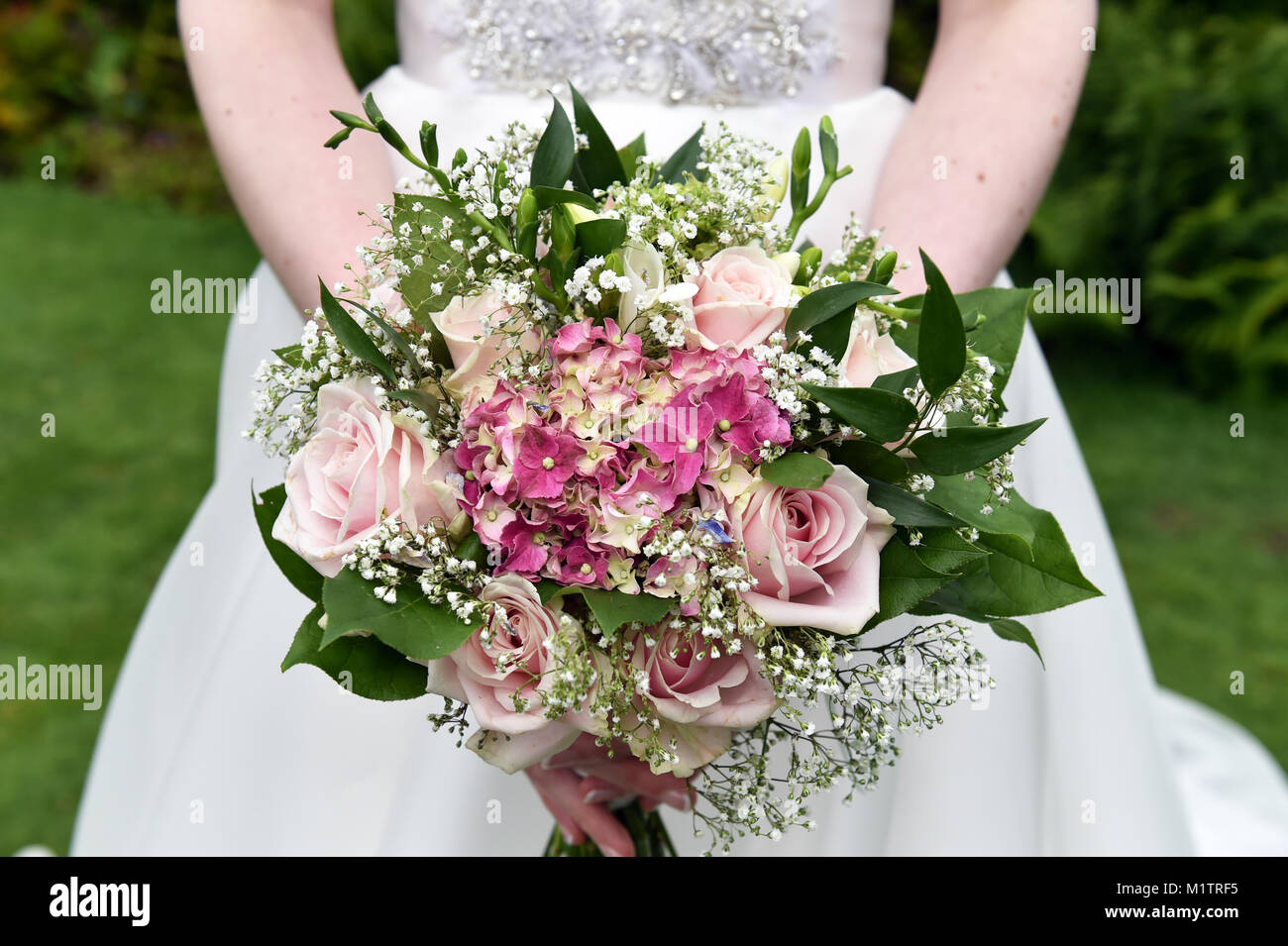 Traditional pink rose bouquet held by a bride on her wedding day Stock Photo