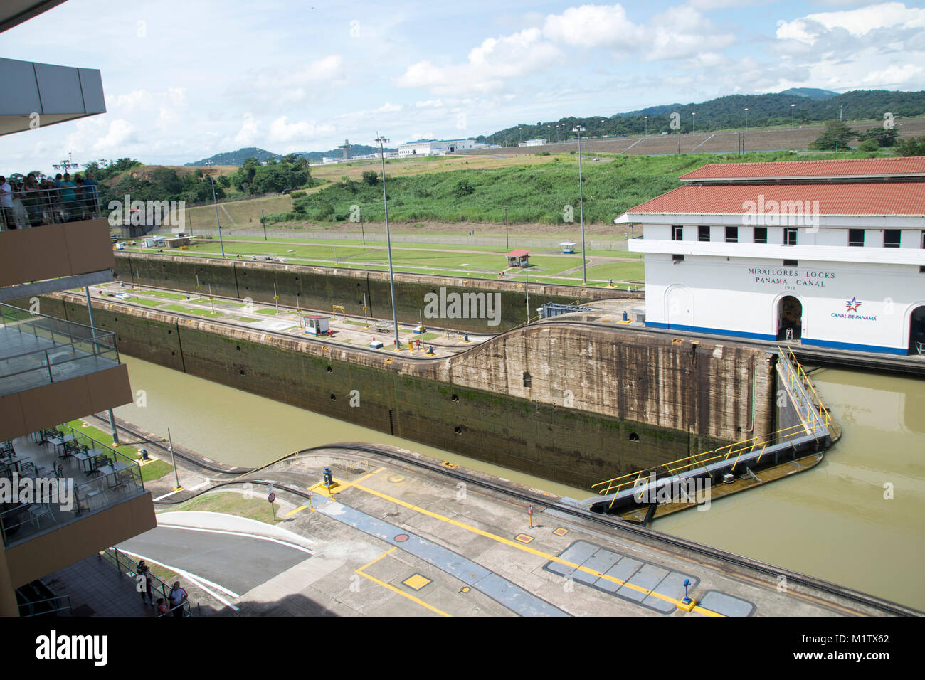 Water levels out at the Miraflores Locks, Panama Canal for ships to