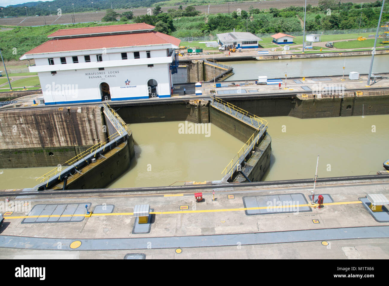 Water levels out at the Miraflores Locks, Panama Canal for ships to