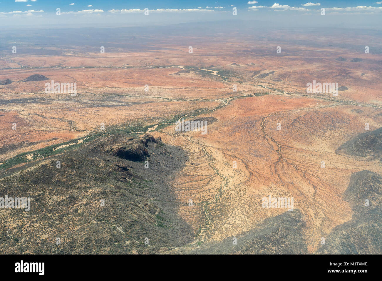 An aerial view of the arid dry country in northern Kenya, north of Laikipia and Mt Kenya, towards the Samburu & Buffalo Springs National Reserves Stock Photo