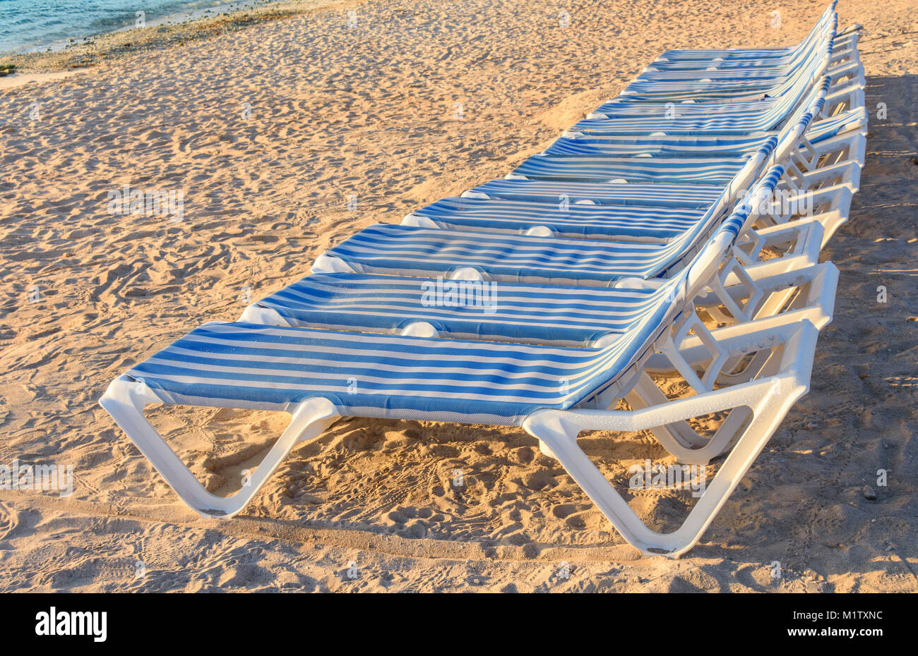 Range of blue and white striped lounge chairs on a sandy beach with ...