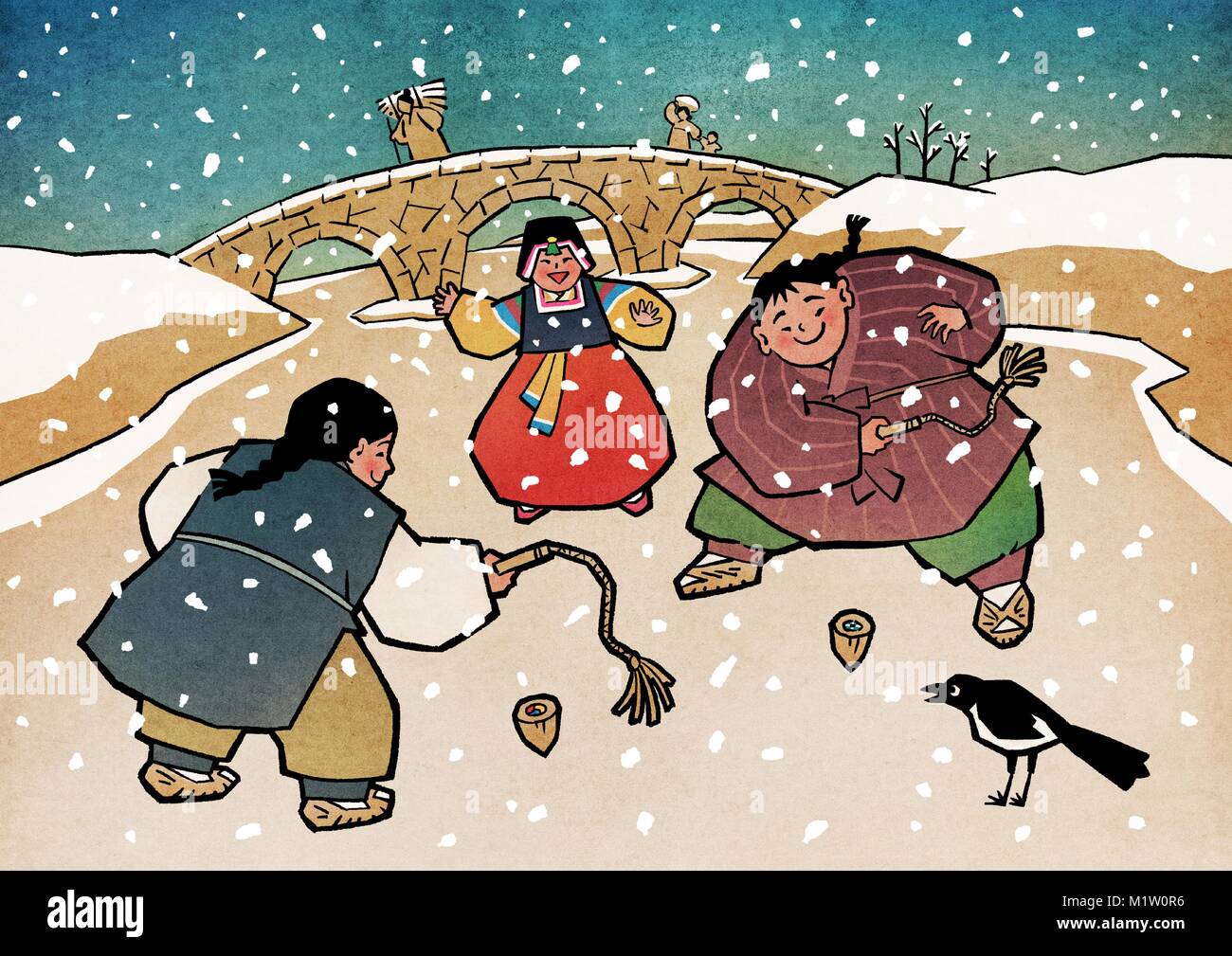 Vector illustration children play traditional Korean games. vintage concept illustration. 001