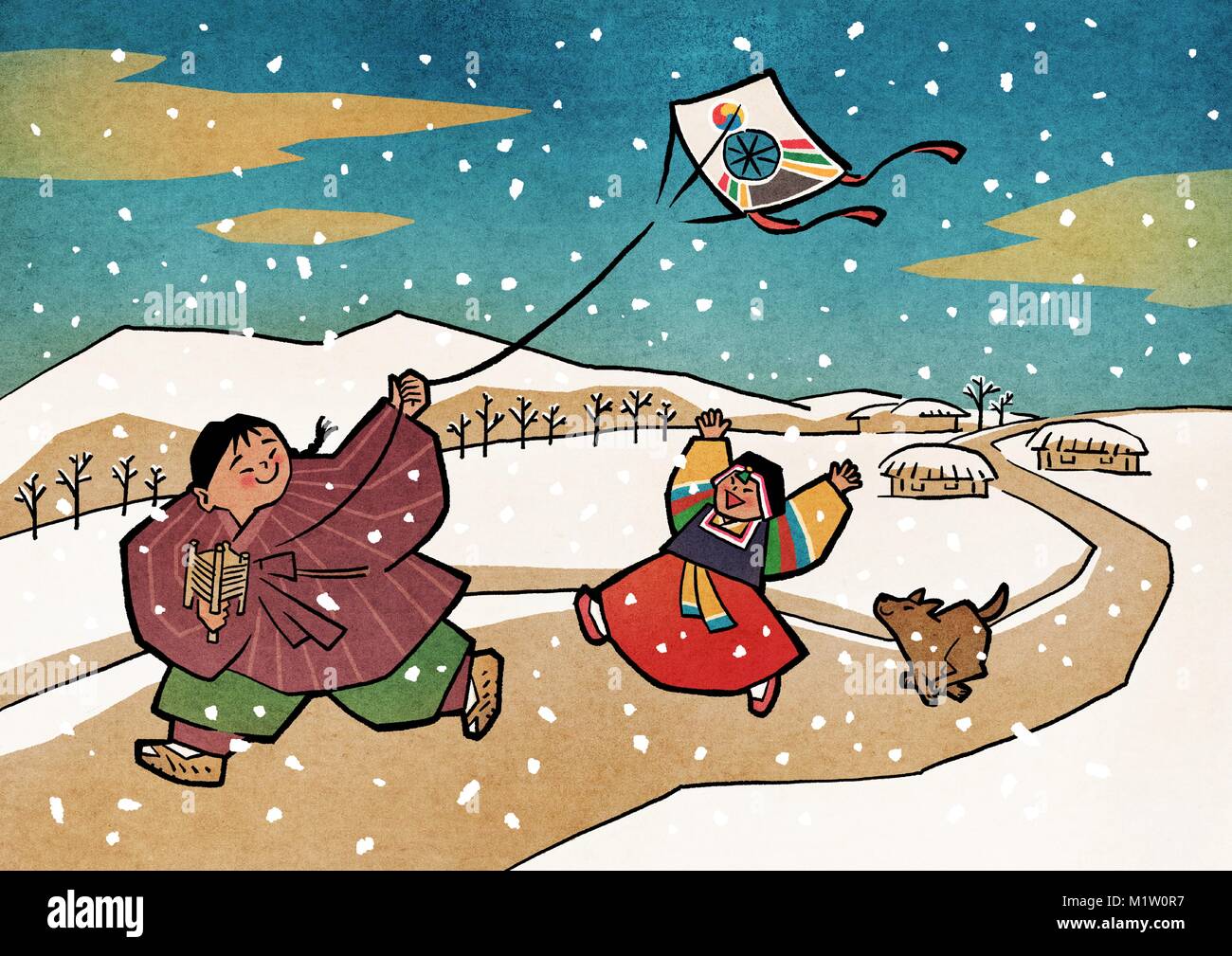 Vector illustration children play traditional Korean games. vintage concept illustration. 002