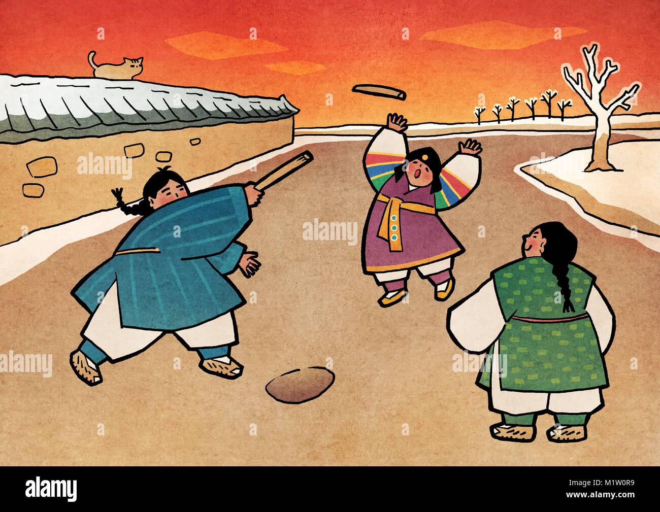 Vector illustration children play traditional Korean games. vintage concept illustration. 004