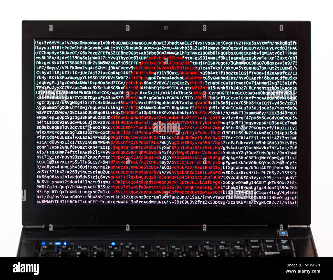 Red lock over encrypted text on a laptop screen against a white ...