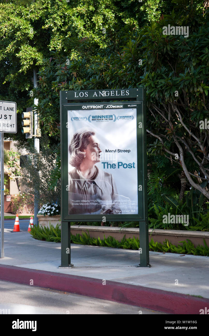Free standing outdoor advertising kiosk promting movie The Post with Meryl Strrep in Los Angeles, CA Stock Photo