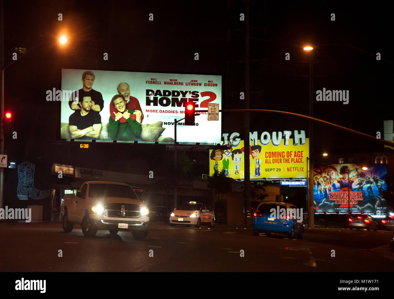 Billboard son the Sunset Strip night promote movies and entertainment related  releases. Stock Photo