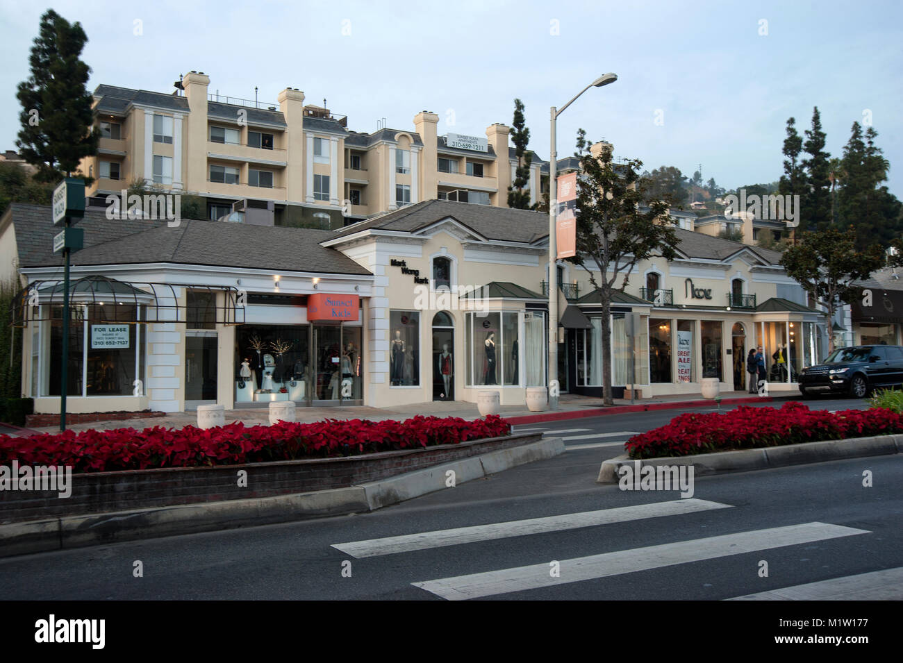 Sunset Plaza shopping district and Sunset Plaza Apartments on the Sunset Strip in Los Angeles, CA Stock Photo