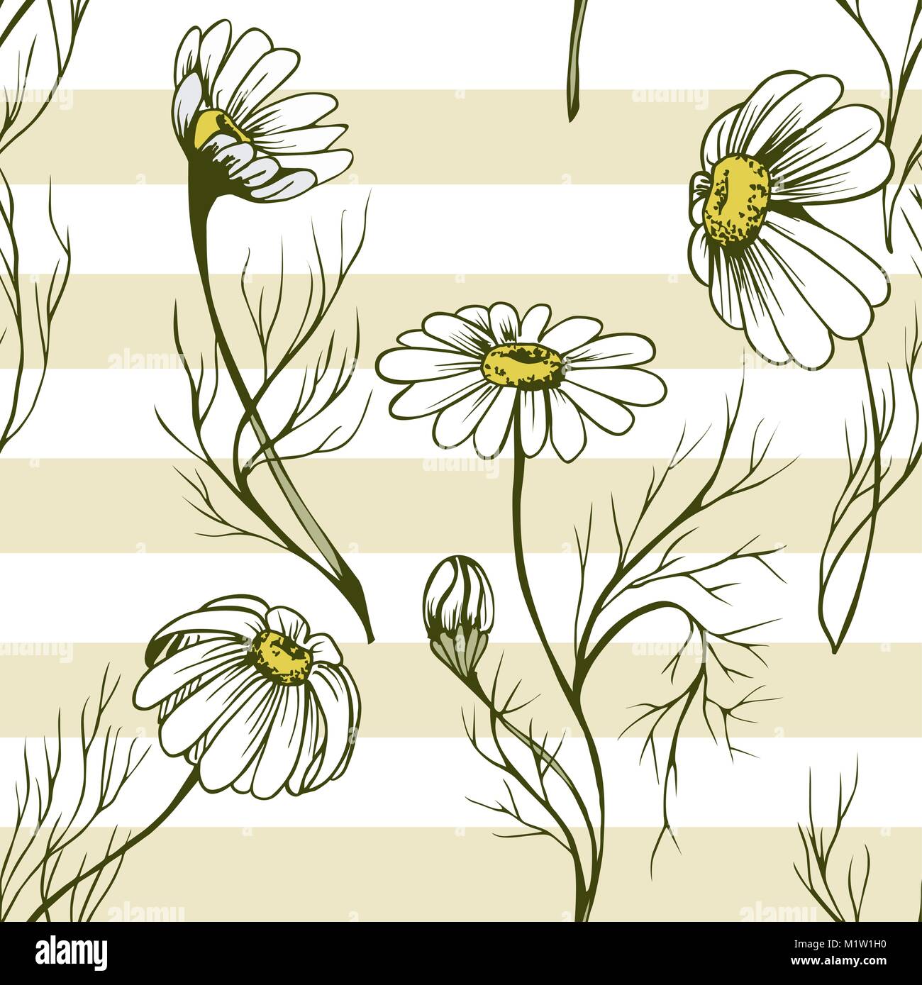 Chamomile flower vector seamlees pattern herbal texture on yellow stripes background Stock Vector