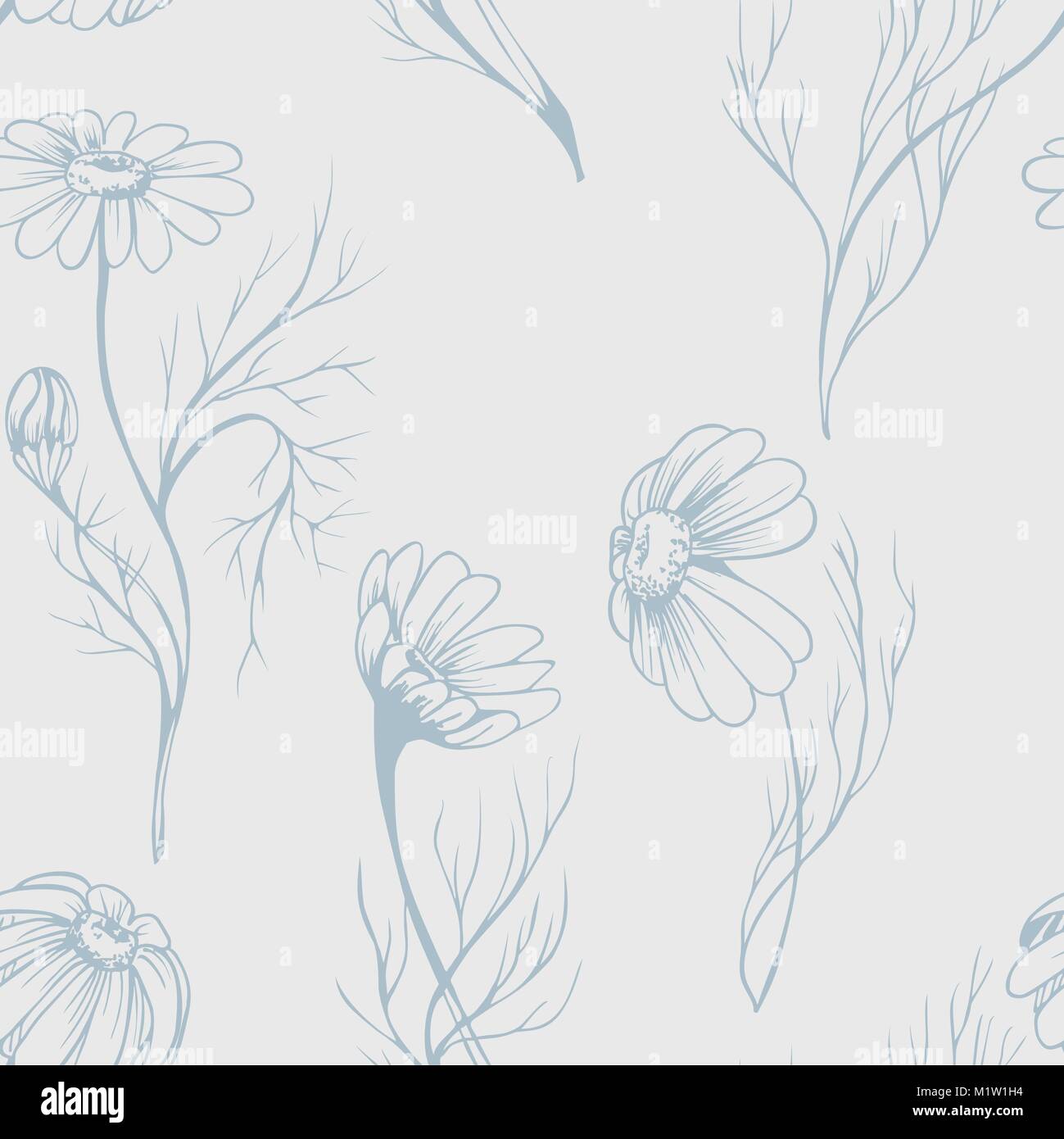 Chamomile flower vector seamlees pattern herbal texture on bright background Stock Vector