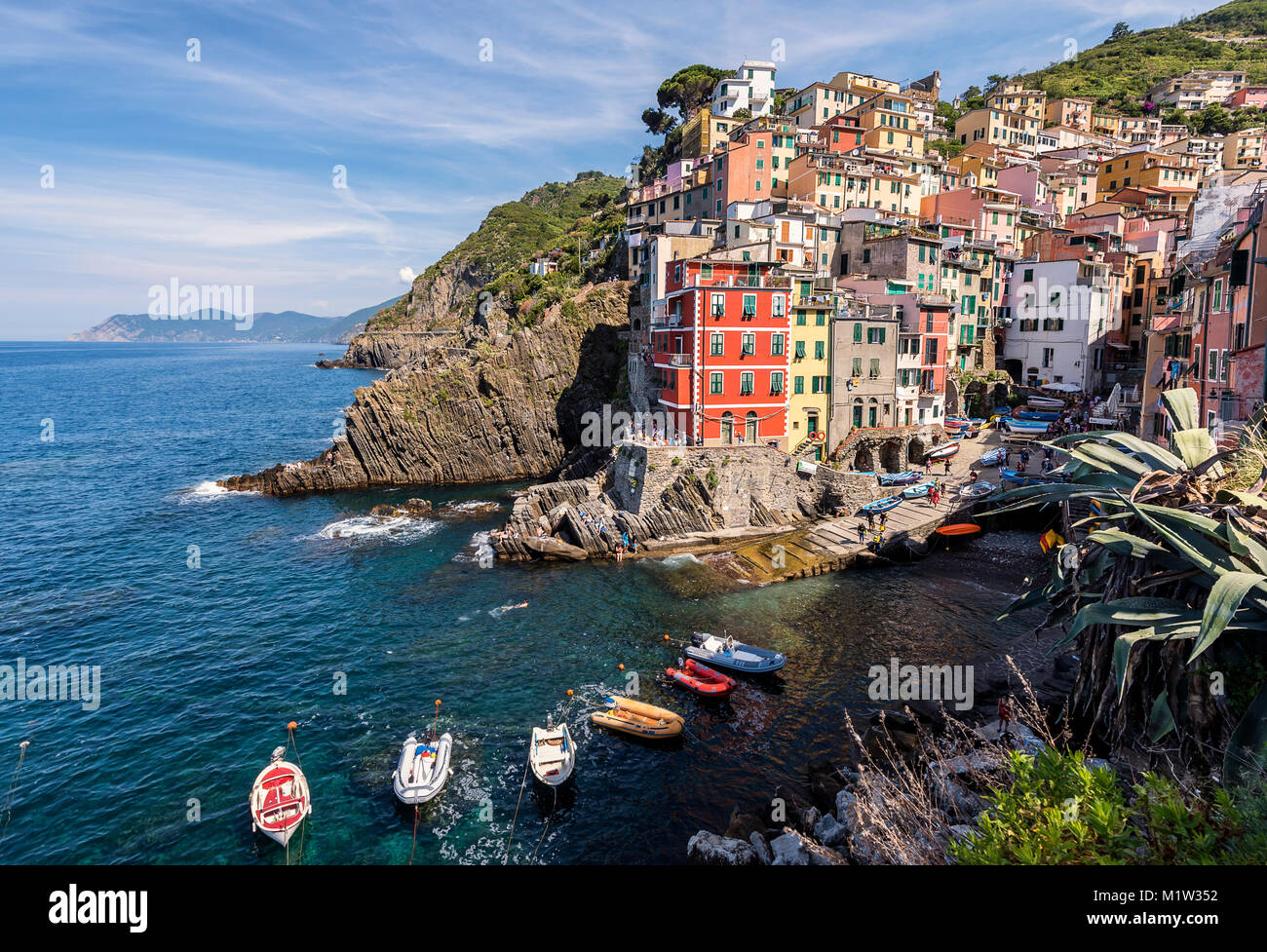 Cinque Terre is a string of centuries-old seaside villages on the rugged Italian Riviera coastline Stock Photo
