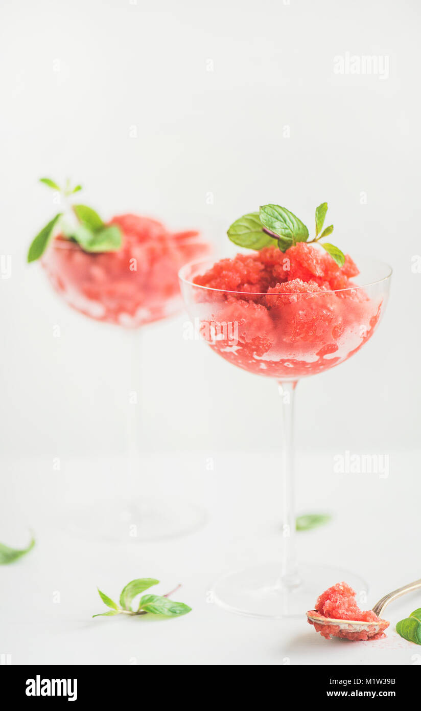 Strawberry and champaigne summer granita in champagne glasses Stock Photo