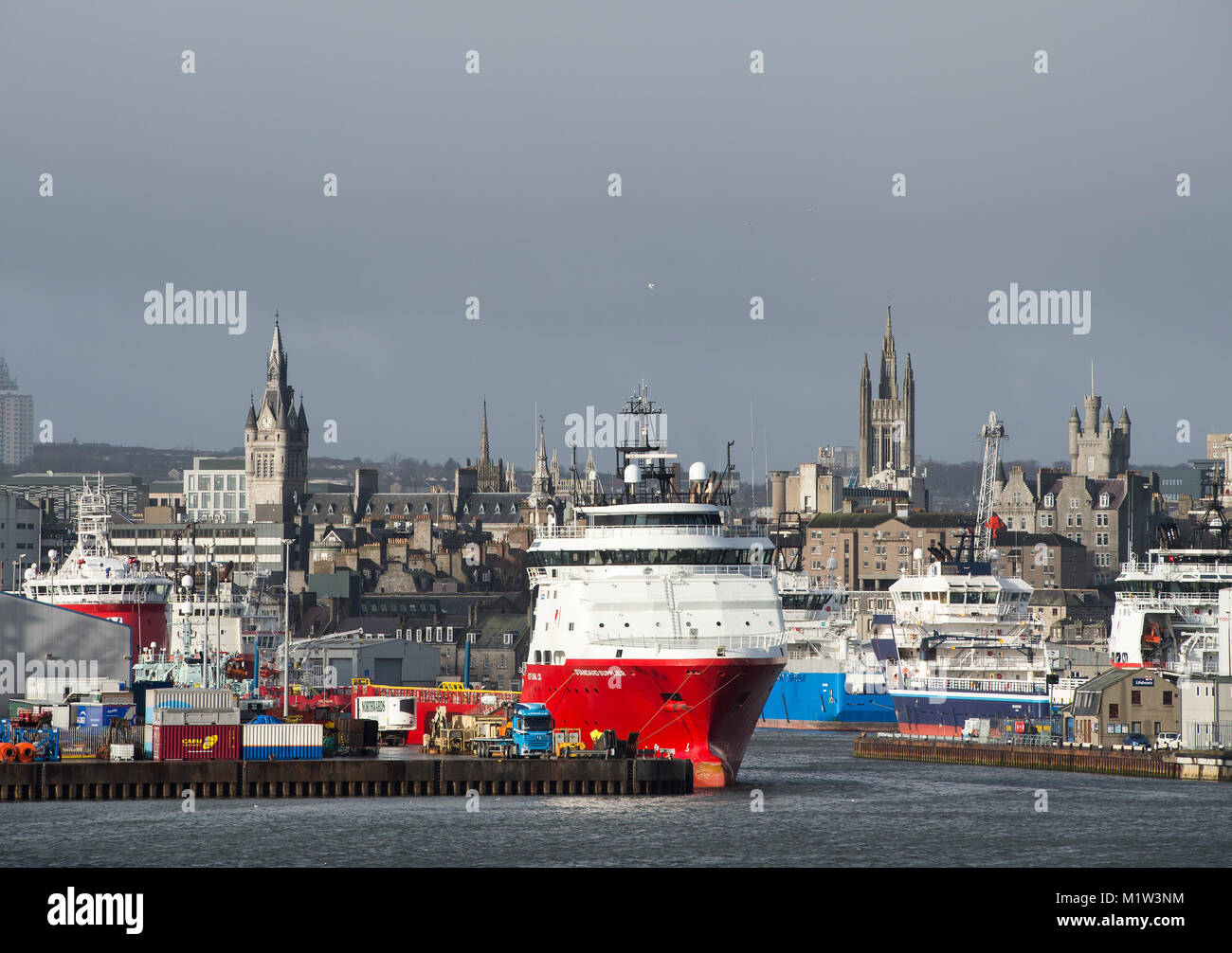 February 1st 2018: A view of Aberdeen harbour and city centre, Aberdeen, Scotland, UK . Stock Photo