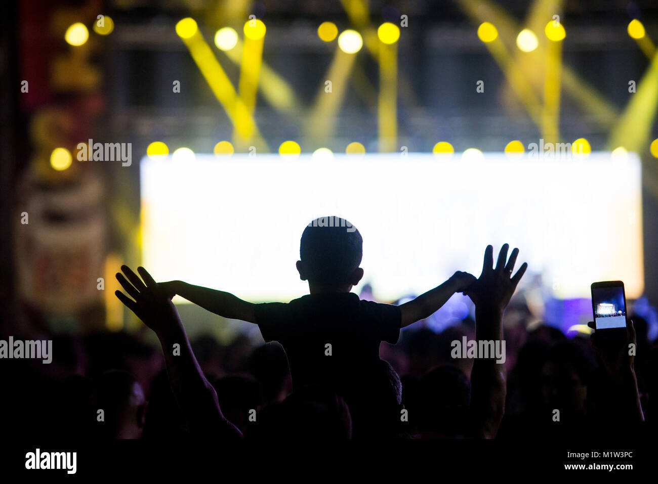 Young fan watches the performance of music band on stage during music festival Stock Photo