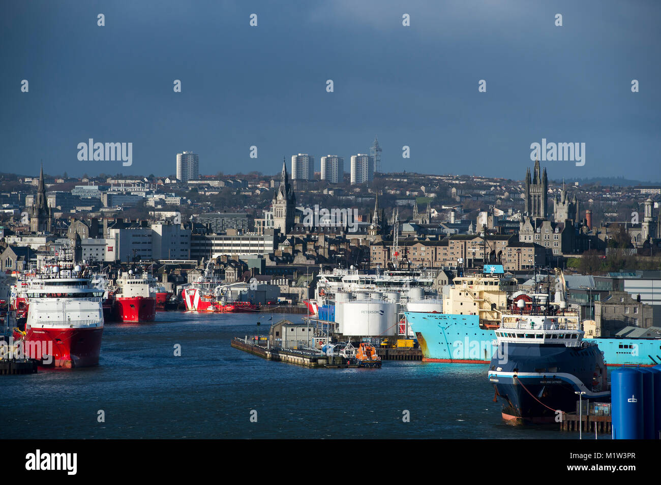 February 1st 2018: A view of Aberdeen harbour and city centre, Aberdeen, Scotland, UK . Stock Photo