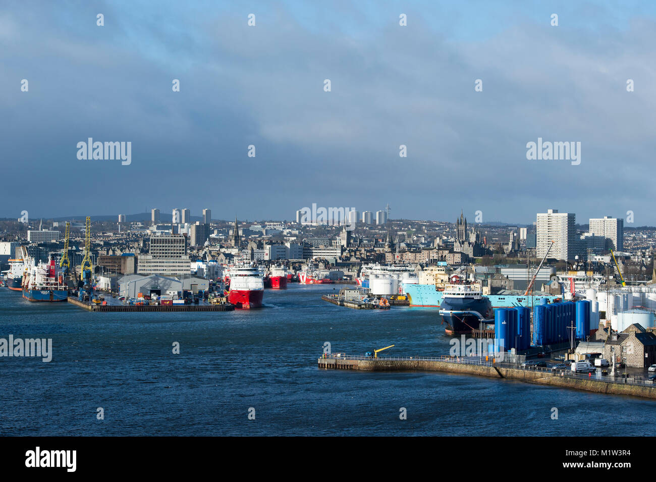 February 1st 2018: A view of Aberdeen harbour and city centre, Aberdeen, Scotland, UK . Stock Photo