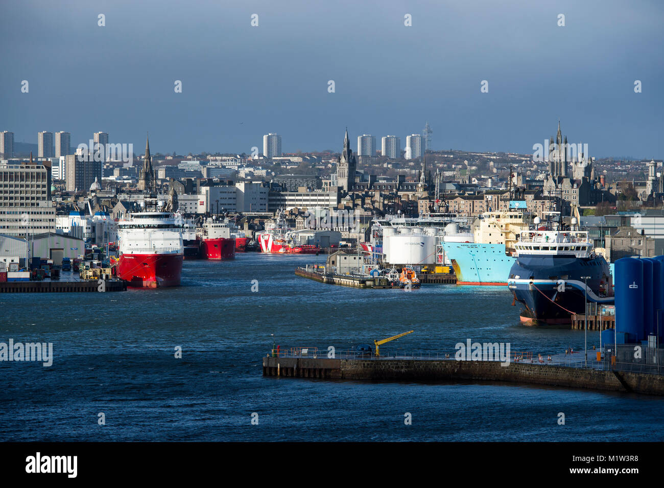 February 1st 2018: A view of Aberdeen harbour and city centre, Aberdeen, Scotland, UK . Stock Photo