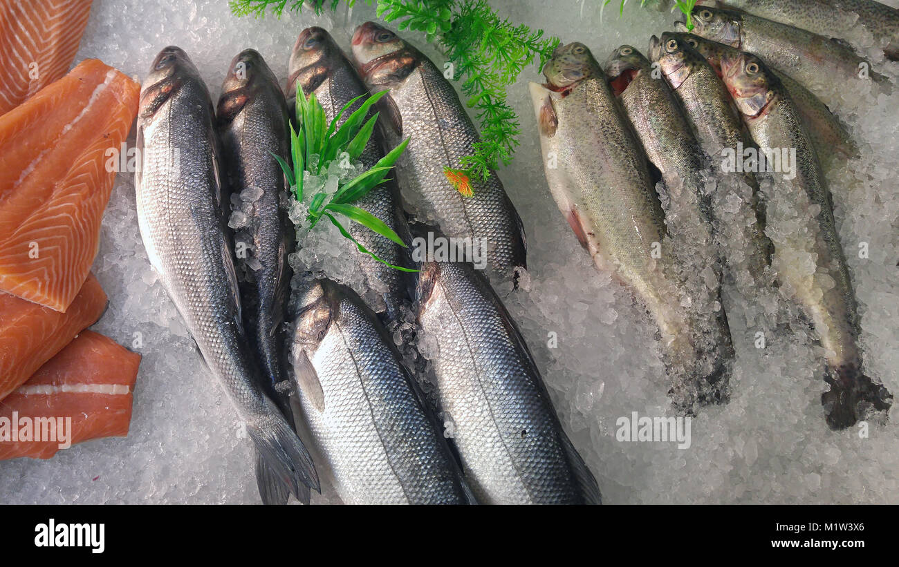 Frozen fish and seafood on ice in fish market Stock Photo Alamy