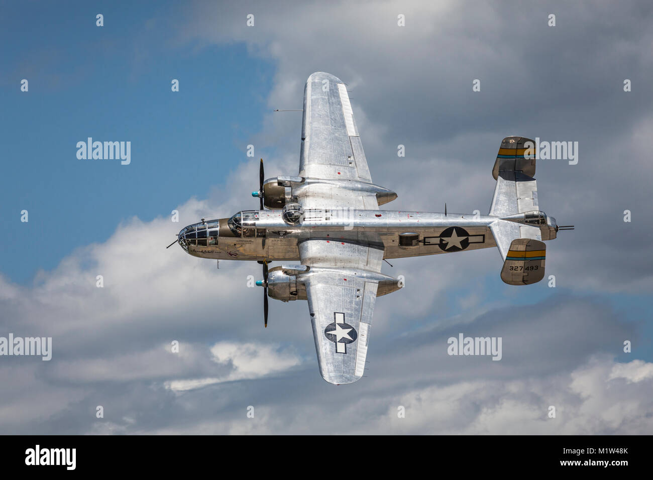 The Boeing B-25J Miss Mitchell vintage bomber in flight at the 2017 Airshow in Duluth, Minnesota, USA. Stock Photo