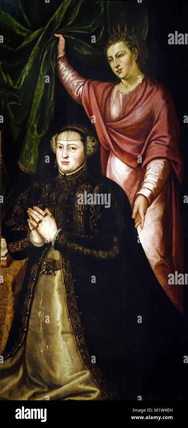Catherine of Austria (Habsburg) and St. Catherine of Alexandria 1552 - 1571 Altarpiece by Cristóvão Lopes in the Convent of Madre de Deus in Lisbon 16th-century ( Queen of Portugal as wife of King John III, and regent during the minority of her grandson, King Sebastian, from 1557 until 1562. ) Stock Photo