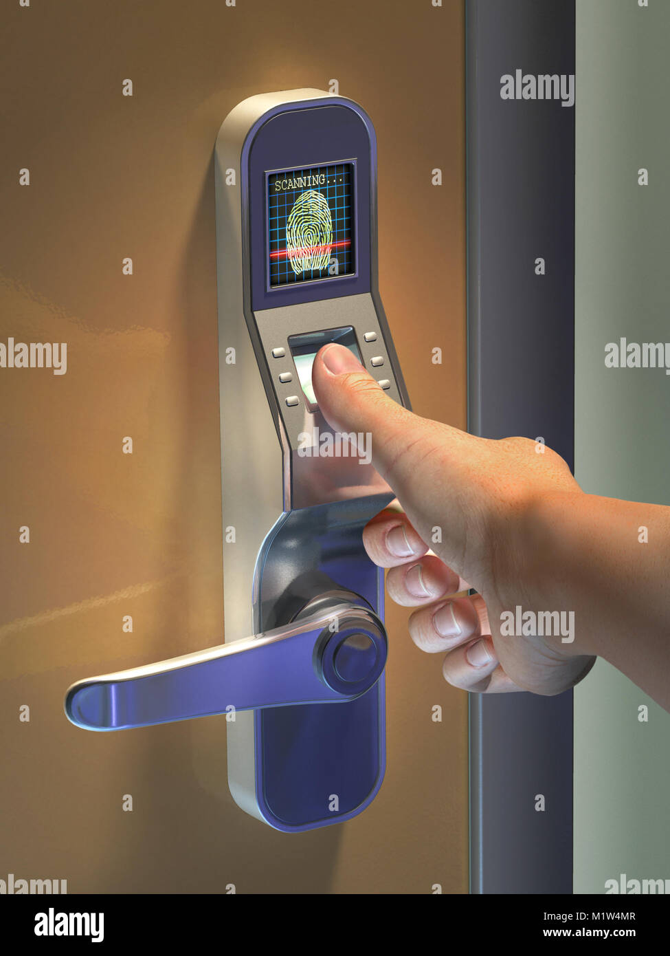 Fingerprint used as an identification method on a door lock. Digital illustration. Stock Photo