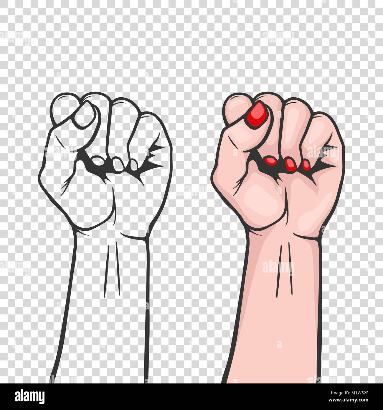 Raised women s fist isolated - symbol unity or solidarity, with oppressed people and women s rights. Feminism, protest, rebel, revolution or strike sign. Template for art posters, backgrounds etc Stock Vector
