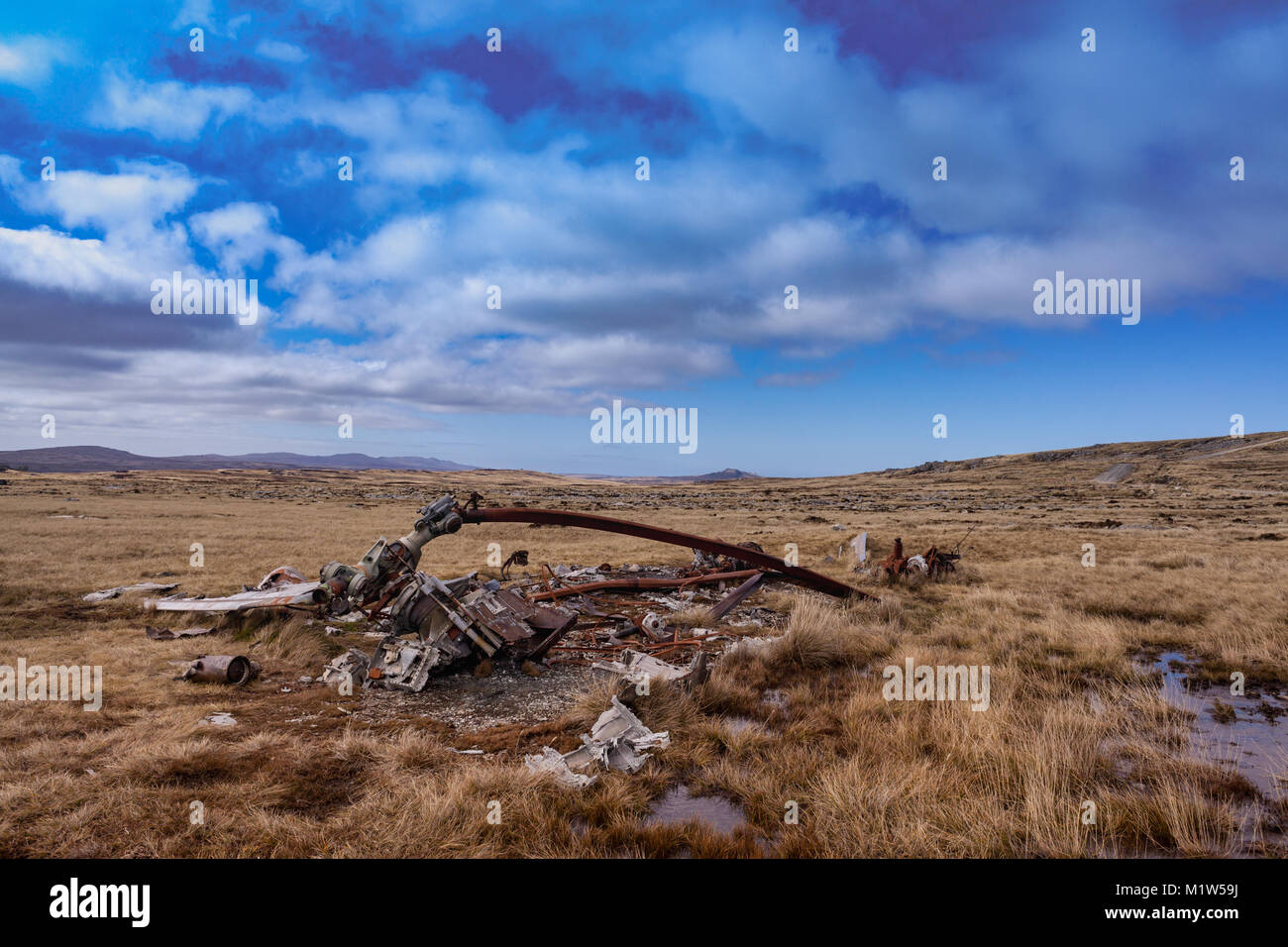The remains of an Argentinian Chinook at Mount Kent, Falkland Islands. It was attacked by an RAF Harrier during the Falklands War Stock Photo