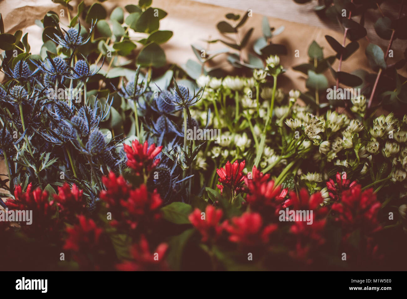 mixed bouquet of blue, white, red flowers and eucalyptus Stock Photo
