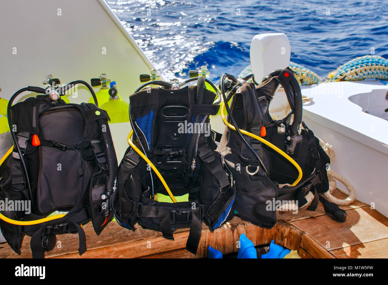 Equipment for scuba diving on boat of ship. Stock Photo