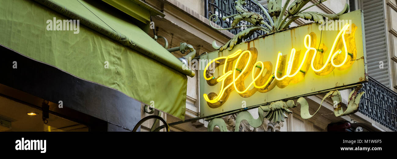 Vintage neon sign for flower shop in Paris, displaying Fleurs Stock Photo