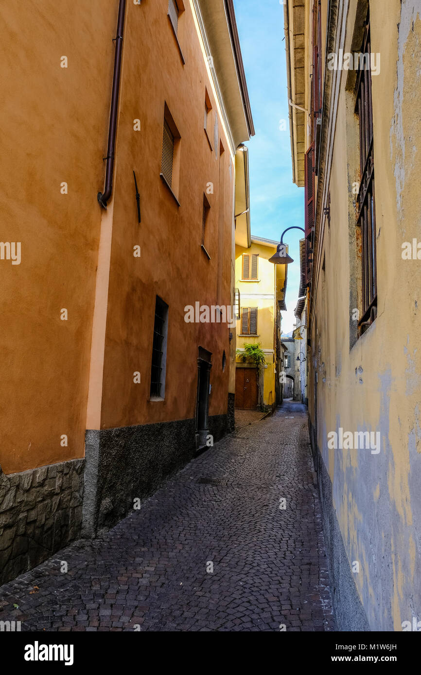View of the narrow streets of Tirano in Italy Stock Photo