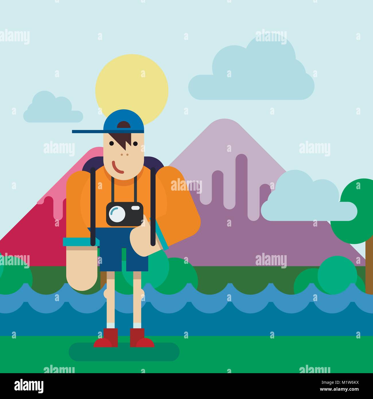 Hiking tourist man with Camera. Mountains background. Stock Vector