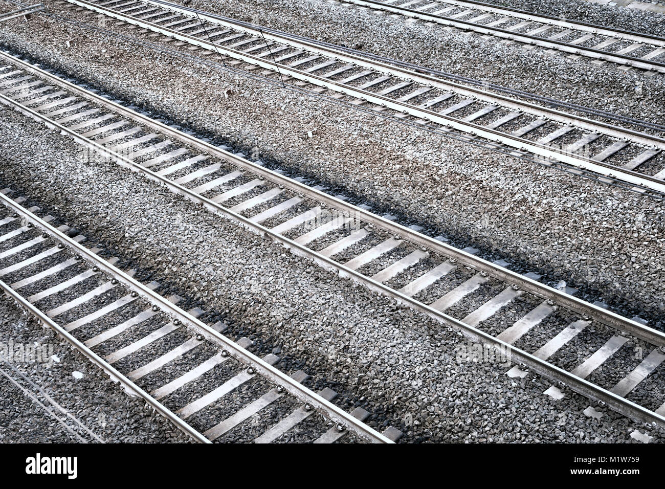Four straight railroad tracks. Aerial perspective view. Stock Photo