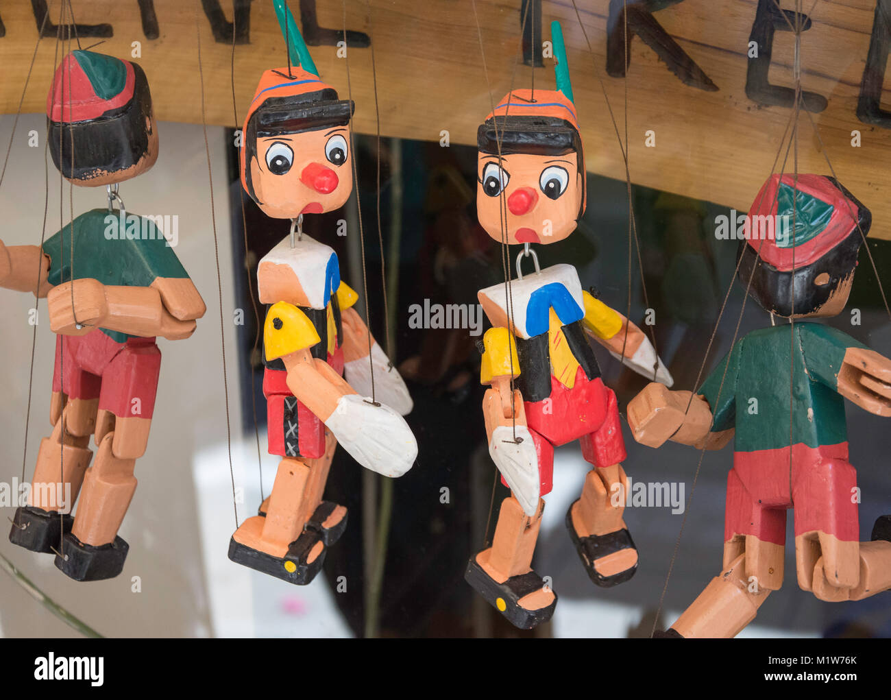 Souvenir Pinocchio puppets in Old Town, Rethymnon (Rethimno), Rethimno Region, Crete (Kriti), Greece Stock Photo