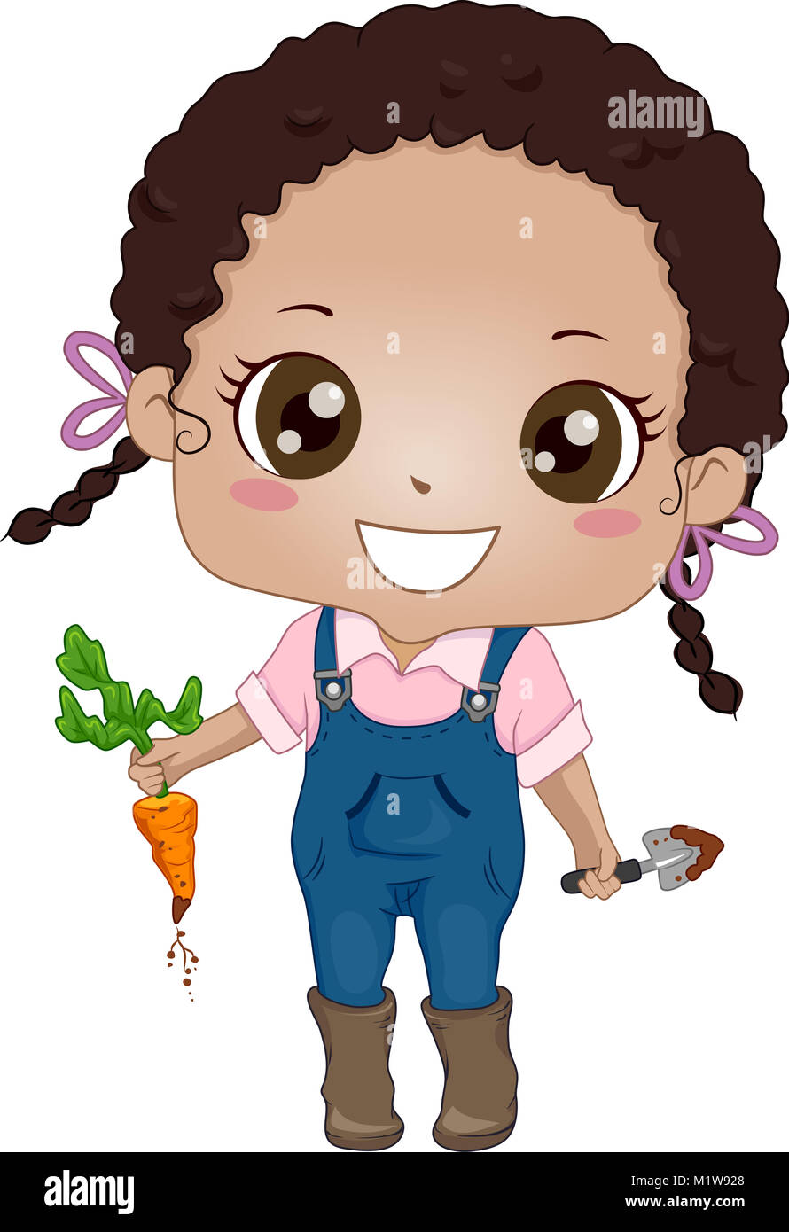 Illustration of a African Kid Gardening, Holding a Freshly Picked Carrot and a Shovel Stock Photo